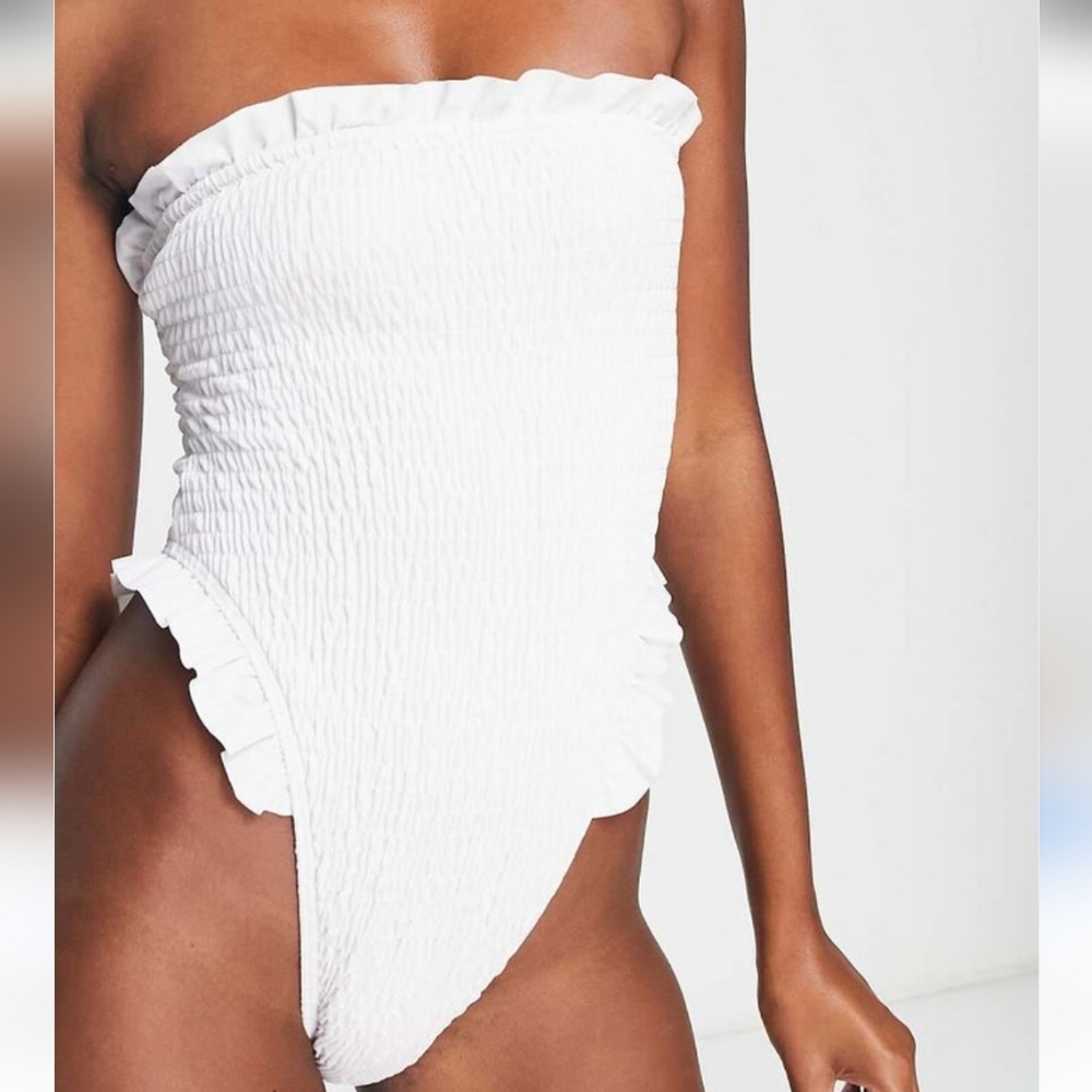 NWT-South Beach One-Piece exclusive crinkle bandeau swimsuit in white